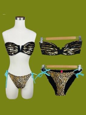 Victoria’s Secret Sequin Leopard Print Strapless Cutout Bandeau String Bikini S